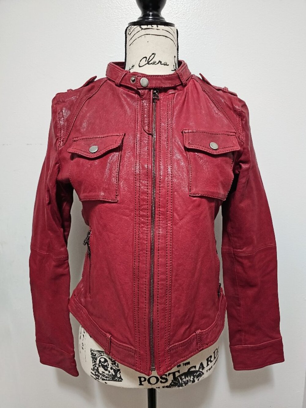 New Real Lamb Leather Motorcycle Biker Ride Jacket Military Distressed Brick Red